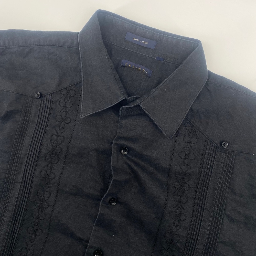Fariani Guayabera Shirt Mens XL Black Linen Embroidered Pintuck Short Sleeve